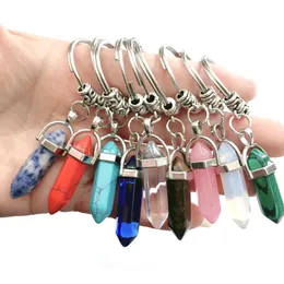 Vintage Hexagonal Natural Stone Keychain Key Ring Handbag Hangs Crystal Pendent Keychain Car Key Chain DIY Jewelry Making Accessory