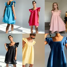 Muiches Casual Square Halsbutterfly -Ärmel Mini süßes Kleid Frau Rückenfreie hohe Taille Lose Leinen festes Kleid 2021 Sommer x0629