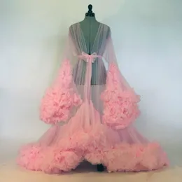 Sexy Women Ruffles Pink Sleepwear Long Sleeve Prom Dress Bridal Maternity Dresses for Photo Evening Gowns Robe Bridesmaid Bathrobes
