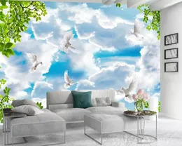 3D-Tapete, Himmel, schöne weiße Wolken, fliegende Vögel, 3D-Landschaftstapete, romantische Landschaft, Seiden-3D-Wandtapete