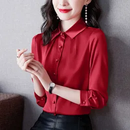 Koreański Moda Silk Women Bluzki Office Lady Shirts Satin Długi Rękaw Damskie Topy i Plus Rozmiar XXXL Blusas Largas 210531