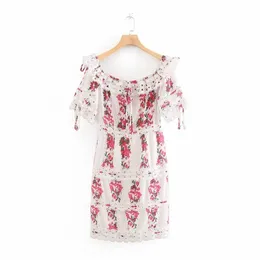 Elegante Chic Bordado Bordado Emenda Floral Impressão Mini Vestido Sexy Elegante Mulheres Slash Pescoço Vestidos Bonito Meninas Casual Outfit 210531