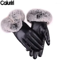Caluriri толстые зимние перчатки женщины леди черная искусственная кожа осень теплые меховые варежки сенсорный экран теплый1