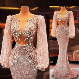 Styl Afryki Prom Dress Scoop Neck Illusion Juliet Długie Rękawy Koronki Aplikacja Zroszony Cekiny Koronki Syrenki Suknie Wieczorowe