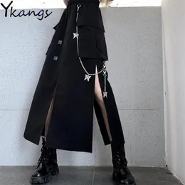 Harajuku Schmetterlingskette Schwarz Hip Hop Langer Rock Frauen Herbst Gothic Sexy Split Midi Rock Vintage Hohe Taille Tasche Streetwear 210310