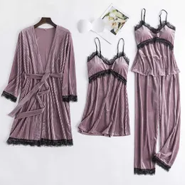 Pyjamas kostym kvinnor mjuk kimono klänning sammet sleepwear 4pcs sömn set casual nattkläder pyjamas sexiga intima underkläder hem kläder Q0706