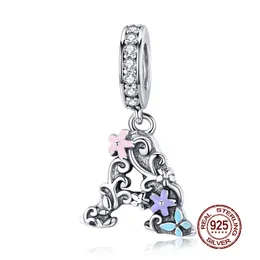 MowaMo Real 925 Sterling Silver Alfabet Charm Kwiat List Fit Oryginalny Srebrny Bransoletka Wisiorek Cyrkon Biżuteria Dokonywanie BKC1273 Q0531