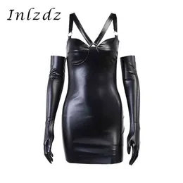 Womens Lingerie Sexy Bodycon Dress with Long Gloves Punk PU Leather O-ring Bar Clubwear for Rock Concert Club Music Festival Y1204