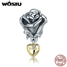 WOSTU Real 925 Sterling Silver Rose Flower with You in Heart Dangle Charm fit Beads Bracelet Jewelry Valentine Day Gift CQC455 Q0531