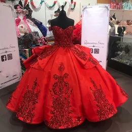 Red Sparkly Quinceanera Prom Dresses 2021 Off Ramię Koronki Aplikacje Cekiny Ball Suknia Tulle Party Sweet 16 Sukienka Quinceañera