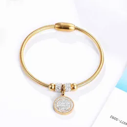 Beautiful Full Zircon Circle Charm Bracelet Bangle for Women Stainless Steel Magnet Clasp with Snake Chain Gold Plating Bangle Q0719