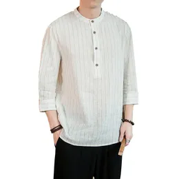 Mäns Casual Shirts 2021 Striped Shirt Fashion Men Bomull Linne Knapp Chic High Street Male Three Quarter M-5XL