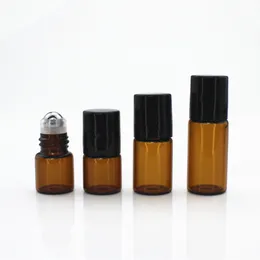 100pcs / parti 1ml 2ml 3ml bärbar eterisk oljekåpa på parfymflaskan mini metallbollrulle brun glas doftflaskor