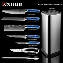 XITUO Kitchen Knife Set Delicate Blue Resin Handle Laser Damascus Pattern Chef Knife