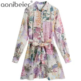 Women Multicolor Chic Belt Floral Print Mini Dress Vintage Long Sleeve Button-up Female Dresses Vestidos Mujer 210604