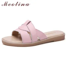 Meotina Frauen Schuhe Hausschuhe Sommer Natürliche Echte Leder Flache Schuhe Mode Offene spitze Rutschen Dame Sandalen Rosa Beige Größe 5-9 210608
