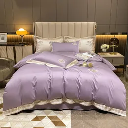 1000TC egyptisk bomull Luxury Royal Solid Color Bedding Set Queen King Size Purple Embrodery Quilt/Däcke Cover Bed Sheet Linen Pillowcases Bästa kvalitet