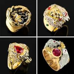 Küme halkaları vintage altın renkli aslan kurt ejderha başı erkekler için punk vahşi hayvan kristal tıknaz parmak yüzüğü gotik erkek mücevher hediyesi
