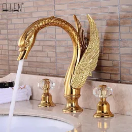 Luxury Soild Brass Gold Faucet Bathroom Golden Swan Faucets Double Crystal Handle Three Hole Wash Basin Tap Mixer ELF1513G1