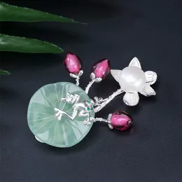 925 Sterling Silver Aventurine Jade Lotus Blomma Leaf Groda Brosch Kvinnlig Inlägg Pärla för Kvinnor Sweater Coat Tillbehör
