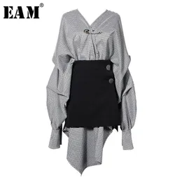 [Eam] Mulheres Black Stitch Stitch Irregular Grande Vestido V-pescoço de Manga Longa Loose Fit Moda Primavera Outono JG892 210915