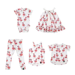 Kukukid Baby Boy / Girls Lato T-shirt Dzieci Flamingo Pattern Tops Sister Brother Matching Odzież Dress 210619