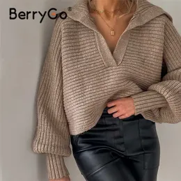 Berrygo jesień zima elegancki polo skoczek kobiety przycięte sweter moda latarnia rękawa stałe pulower casual luźne dzianiny 211215