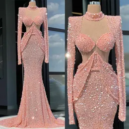 Pink Sequined Evening Dress Hollow Back Long Sleeve Sweet 15 16 Mermaid Prom Dresses Birthday Gowns Red Carpet Fashion
