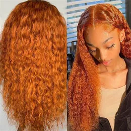 합성 가발 여성용 오렌지 컬러 레이스 프론트 가발 99J 레드 긴 곱슬 머리 중간 부분 내열성 섬유