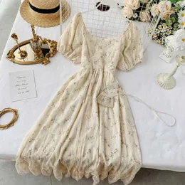 Summer Fairy Dress Women French Style Vintage Retro Chiffon Dress Puff Sleeve Casual Elegant Floral Print Dress Women 2021 New Y0603