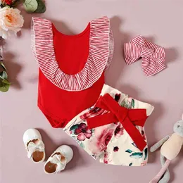 Sommar 3PCs Baby Girl Solid Bomull Flounced Collar Romper Floral Shorts Sets 210528