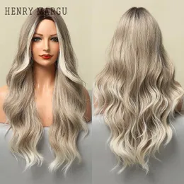 Syntetiska peruker Henry Margu Long Wavy Blonde White Grey Ombre Natural Cosplay för kvinnor Middle Part Wig Värmebeständig