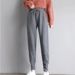 Höst Est Casual Grå High Waist Drawstring Pencil Byxor För Tonåring Flicka Plus Velvet Tjocken Harem Pantalon Femme Hiver 210604