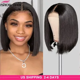 Höjdpunkter Straight Bob 4/27 T Lace Closure Human Hair Wigs Brazilian 13x1 Omber Naturlig Svart Färg Mänskliga Hår Spets Front Paryk Pre-Plocked