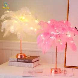 Novelty Feather Night Light DIY Copper Fairy String Bordsbelysning Lampa Batteri USB med fjärrkontroll för hemlandsrum Sovrum Party Decor