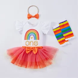 Zestawy odzieżowe 2021 Summer Born Baby Girl Rękaw Bawełniane Body Topy Tutu Spódnica Pałąk Noga Warmer 4 SZTUK Brithday Party Ubrania Zestaw 1542 B3