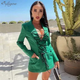 Ailigou kadın Hollow Blazer V Yaka Uzun Kollu Saf Renk Dantel Seksi Yaz Moda Giyim Stil 211122