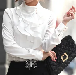 Дизайнерская женская шифоновая блузка, женственная OL, формальная, с рюшами и пышными рукавами, королевские атласные топы, женская рубашка с длинным рукавом, большие размеры 3XL, женская