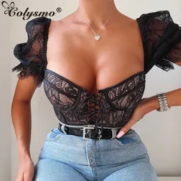 Colysmo Lace Corest Toppar Kvinnor Sexig Underwire Bustie Bröst Hollow Out Cross Tie Up Blus Svart Skjortor 2 Lager 210527