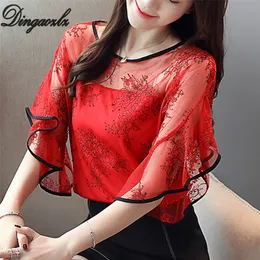 Dingaozlz Verão Nova Fada Lace Costura Mulheres Camisa Borboleta Manga Bordado Tops Casuais Crochet Hollow Out Blouse 210225