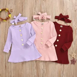 Criança menina roupas sólidas bebê meninas vestidos de cabeça 2 pcs conjuntos de manga comprida crianças vestido boutique bebê roupas 3 cores dw5978