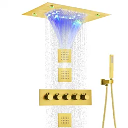 Termostatik fırçalanmış altın yağmur duş musluk banyo sistemi 14 x 20 inç tavan monte banyo LED şelale yağmurlu duş başlığı