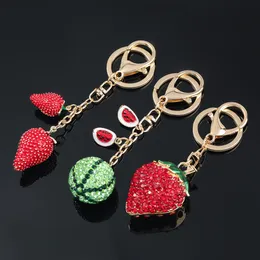 Red Crystal Watermelon Strawberry Fruits Keychain Valentines Gift Women Rhinestone Keyring Bag Holder Best Sweet Gift