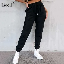 Liooil Jogger Fleece Kordelzug Bleistift Hosen Frauen Hohe Taille Baggy Jogginghose mit Tasche Casual Herbst Winter Streetwear 211115