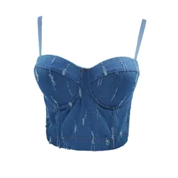 Kvinnor Fashion Simple Hole Denim Vest Wrapped Bröst Ärmlös Sexig Kort Jeans Bustier Corest Crop Tops R586 210527