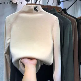 Joinyouth Half TurtleNeck女性シャツ2020韓国のトップスファッションTシャツ刺繍の手紙長袖ティーロータス女性服x0628