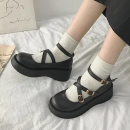 Lolita-Schuhe, drei Schnallen, Plateauschuhe, Mädchen, Freizeitschuhe, Doppelschnalle, Knöchelriemen, dicke Sohle, Kreuzbindung, Damen 8814N