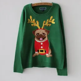 Ugly Sweater Christmas Sweater Women Green Pug Dog Embroidery Sequins Long Sleeve Pullover Knitted Jumper Tops M99591 210218