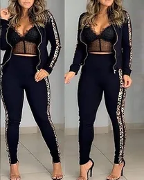 Desenhos mulheres casual moda stitchwear ternos leopard costurando womans tracksuits zipper manga longa stand colarinho top calças longas conjunto