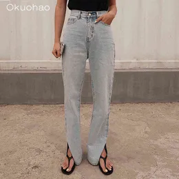 Okuohao hög midja jeans raka ben byxor kvinnor bred lös fashon pojkvän försäljning objekt för 211129